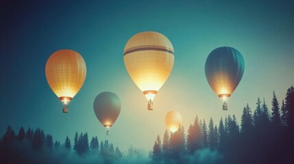 Fototapeta premium Hot Air Balloons Soaring Over Foggy Forest at Sunset