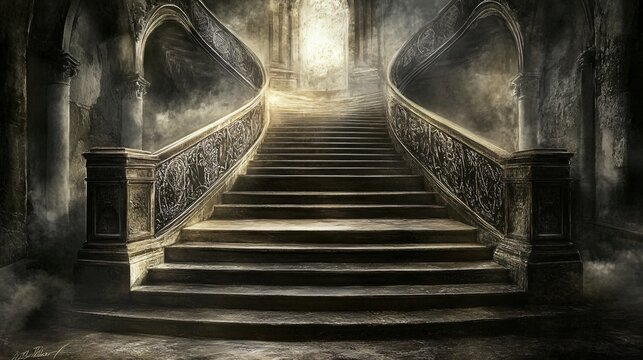 An old stone staircase leading up to a bright, light doorway in an ancient building.
