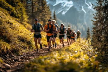 Group of athletes run uphill trail, Generative AI