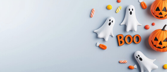 Playful Halloween scene with ghost decorations, candy, and carved pumpkins, perfect for festive celebrations.