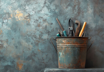 An old bucket with concrete tools, a construction site