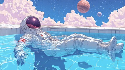 A dreamy scene of an astronaut relaxing in a pool under a cosmic sky, surrounded by planets and fluffy clouds, blending reality and imagination.