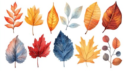 Fototapeta premium A vibrant collection of fall leaves with varied shapes and colors, perfect for autumn-themed designs and seasonal projects.