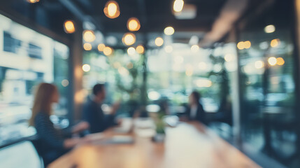 Fototapeta premium Business open modern office daytime daylight with blurred people in smart casual wear having a meeting. Working culture chill happy enjoy workplace work life balance plant green interior sustainable