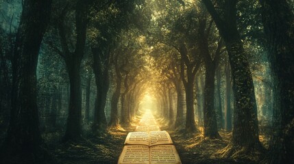 An open book lies on a path leading into a magical forest.
