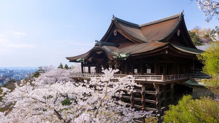 Fototapeta premium Serene Medieval Japanese Temple amidst Cherry Blossoms - Ultra-Detailed Cultural Landscape Photography in Japan