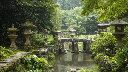 Serene Zen Garden in Ancient Japanese Valley with Stone Lanterns, Arched Bridge, and Temple - Ultra-Detailed Landscape Photography