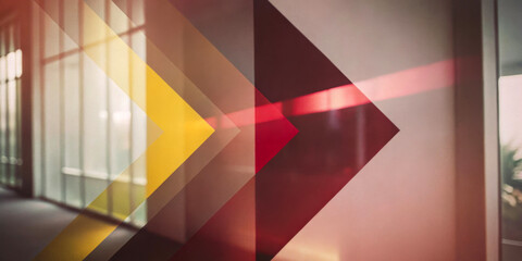 Geometric shapes in yellow and red create a dynamic overlay against a blurred interior setting. Light and shadows enhance the depth and movement within the composition.AI generated.