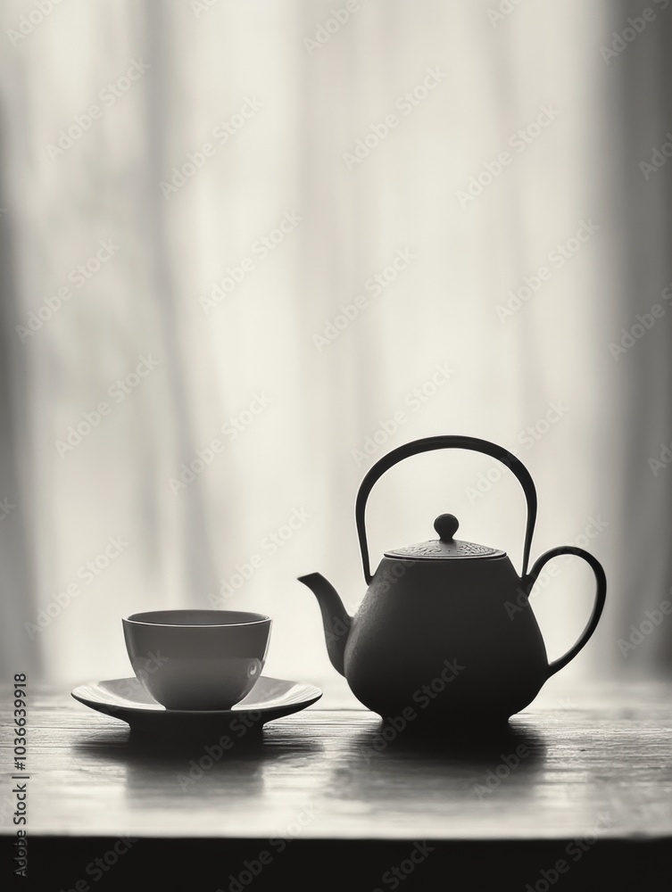 Poster a tea kettle and cup rest quietly on a table, illuminated by soft natural light filtering through sh