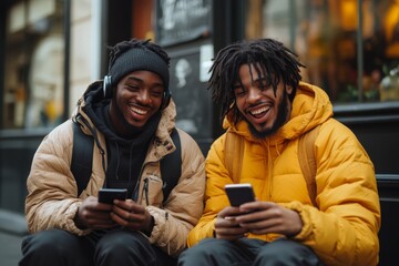 Two friends happily using smartphones and talking on the phone outdoors, Generative AI