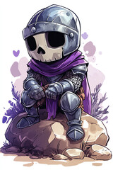 A whimsical cartoon skeleton knight sits on a rock, exuding charm with a purple scarf and a playful expression.