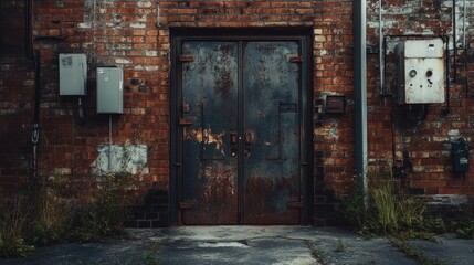 Asymmetrical metal doors set into an old brick wall, marking the entrance to a transformer area, with a rough industrial aesthetic