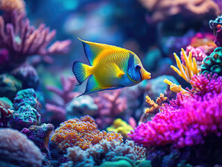 Angelfish Gracefully Swimming Among Corals, Artistically Positioned Off-Center