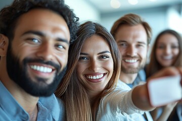 Obraz premium Multiracial group of people taking selfie at office, Generative AI