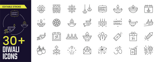 Diwali Stroke icon collections. Containing Diwali festival, candle, lantern, diwali, oil lamp, lamp, hand, diwali lamp, sail, calendar, chakra and more icons. Editable Stroke icon collection.