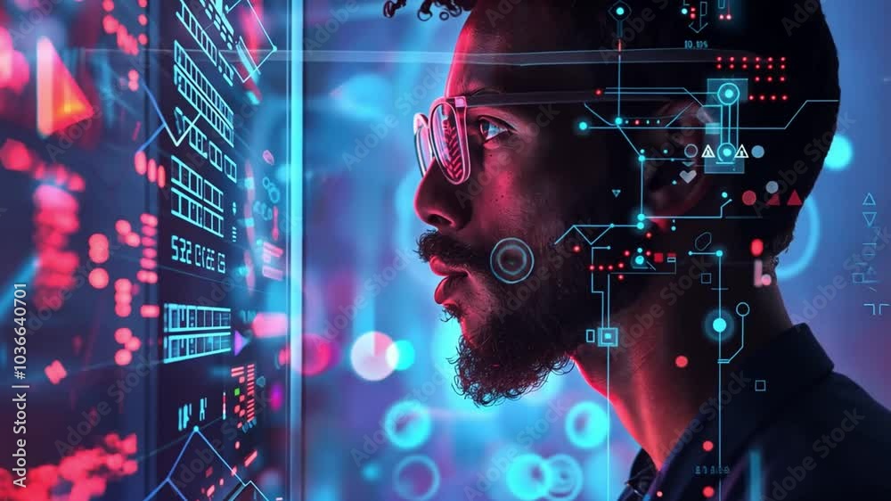 Aufkleber An individual stands intently studying a digital display filled with data and graphical elements, surrounded by vibrant colors in a contemporary setting.