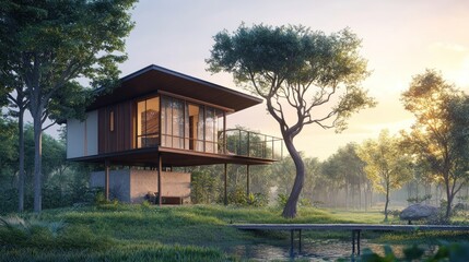 A modern cabin with a wooden deck and large windows overlooking a tranquil pond in a lush green forest.