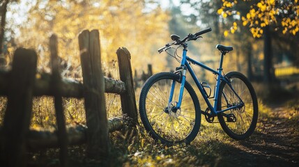 Fototapeta premium Blue bike leaning against a rustic wooden fence on a sunny day