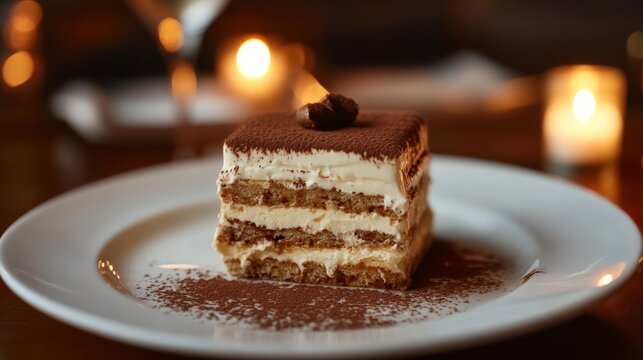 A heavenly slice of tiramisu layered with espresso-soaked ladyfingers and mascarpone cream, Tiramisu slice centered, Warm diffused lighting highlighting the layers