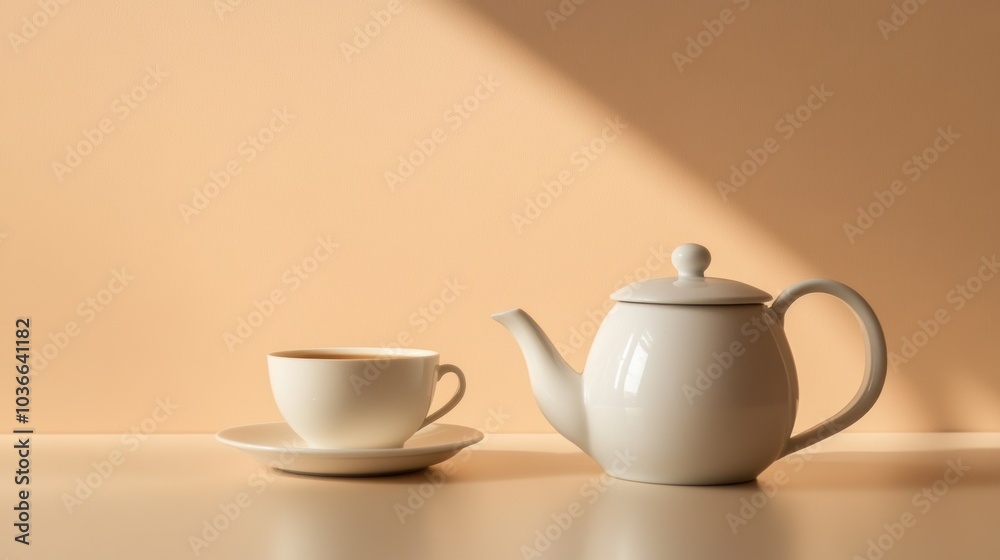 Poster a teapot and matching cup sit elegantly on a table, bathed in warm morning sunlight, creating a tran