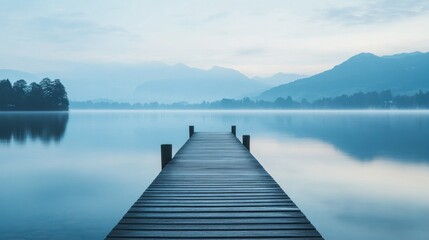 Fototapeta premium Blue hour over a calm lake, with a wooden pier stretching out into the water