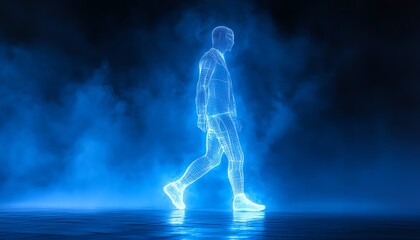 A futuristic silhouette of a person walking, emanating blue light against a misty background, ideal for technological themes.