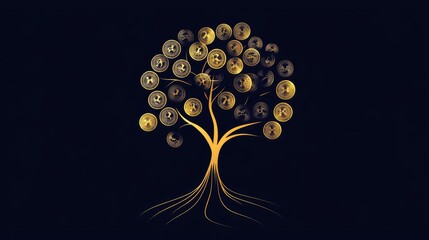A sleek business tree graphic with golden lines as the trunk, branching out into circles symbolizing profits and financial achievements