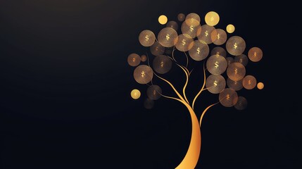A sleek business tree graphic with golden lines as the trunk, branching out into circles symbolizing profits and financial achievements