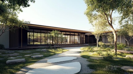 Obraz premium Modern house with large windows overlooking a stone path in a lush green garden.