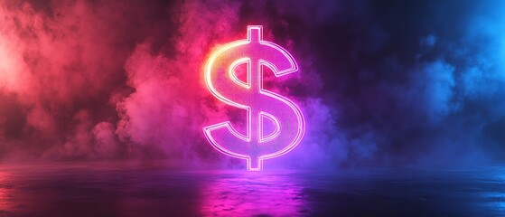 Vibrant neon dollar sign illuminated against a colorful foggy background, symbolizing wealth and financial success.