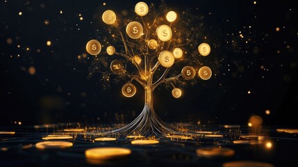 A business graphic of a tree with golden branches extending into circles, each one symbolizing a key profit point, representing growth and success