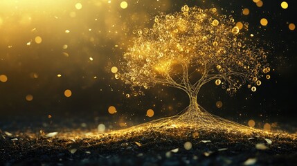 A business graphic tree with golden lines forming the trunk, branching into circles that symbolize profits, representing growth and financial success