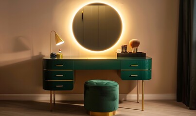 A modern dressing table in light-luxury green with a round mirror and sleek lines defines elegance