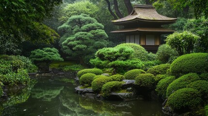 Fototapeta premium Tranquil Ancient Japanese Tea House in Serene Garden with Koi Ponds and Bonsai Trees - Ultra-Detailed Landscape Photography