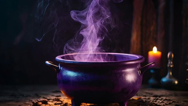A purple cauldron with smoke and glowing liquid inside, on a halloween background