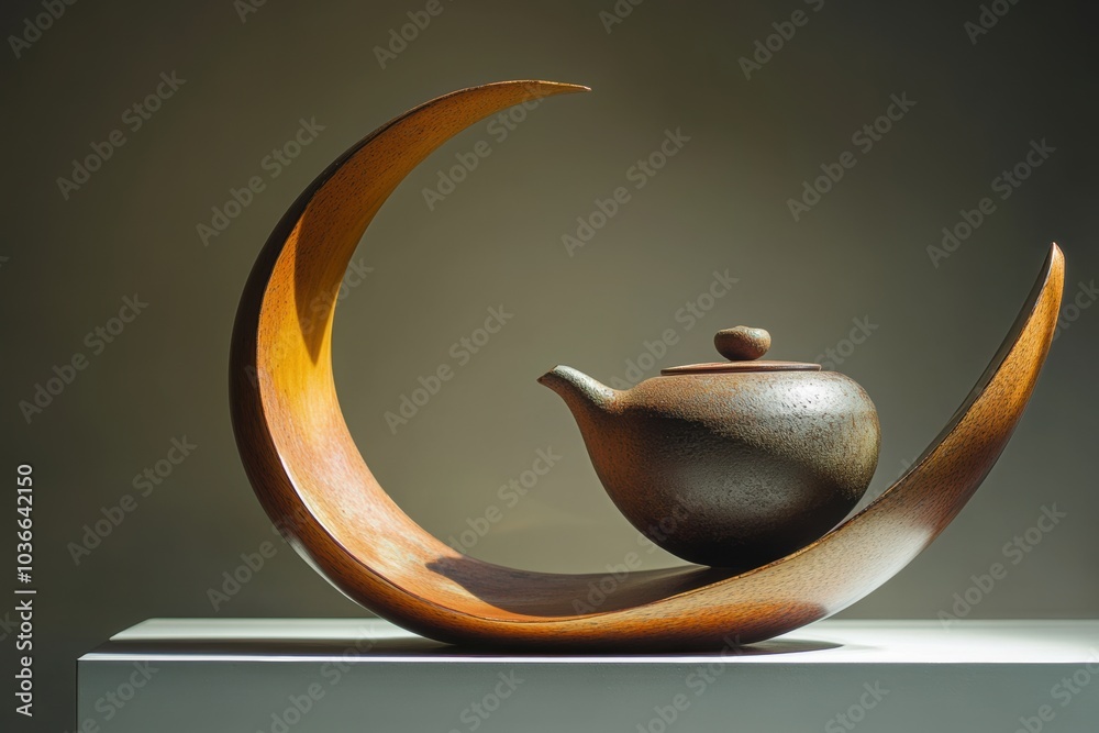 Aufkleber A stylish tea kettle on a wooden display, accompanied by a matching cup, presents a tranquil setting perfect for enjoying a warm beverage. Generative AI