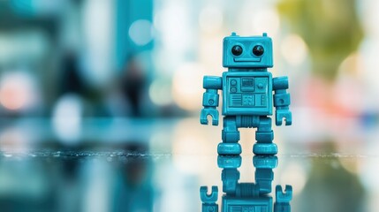 Blue robot toy standing on a reflective surface with soft shadows