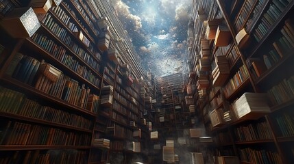 Bookshelves stretching up into the sky, with books falling off the shelves, creating a surreal, fantastical, and magical scene.
