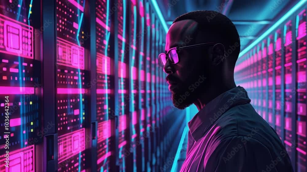 Poster An individual stands in a futuristic data center, engaging with illuminated server racks. The atmosphere is filled with neon lights reflecting the complexity of modern technology.