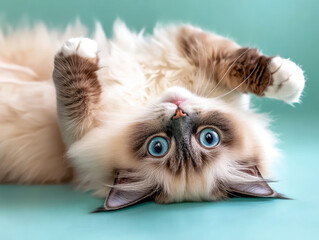Ragdoll Cat Lying on Its Back, Showcasing Its Blue Eyes and Fluffy Coat