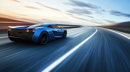 Fototapeta premium Blue sports car speeding down an empty highway with a blur effect