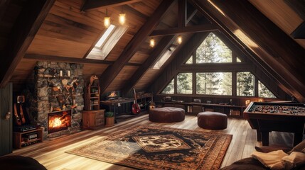 Cozy cabin living room with a fireplace, a pool table, and large windows overlooking a forest.