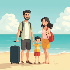 Family Traveling Together At Beach Flat Character Vector Illustration