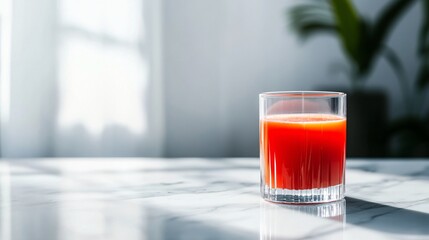 A Glass of Vibrant Red Juice on a Marble Countertop
