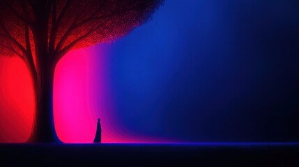 Silhouette of Person Standing in Neon Landscape with Tree