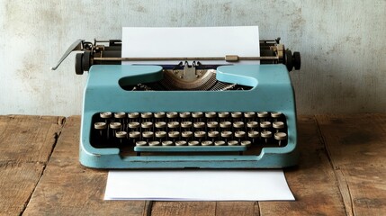Blue vintage typewriter with a blank sheet of paper in a minimalist setting