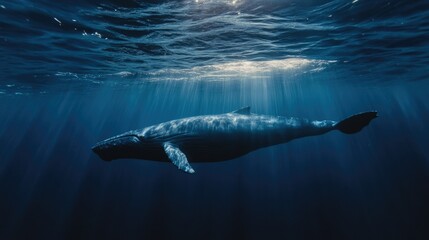 Fototapeta premium Blue whale underwater, swimming gracefully in the deep ocean