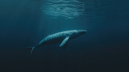 Fototapeta premium Blue whale underwater, swimming gracefully in the deep ocean