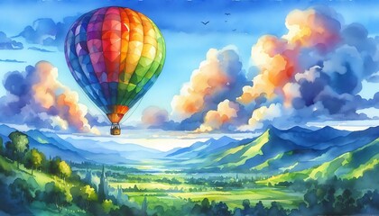 Obraz premium Vibrant hot air balloon floating over scenic valley with colorful clouds and rolling hills 