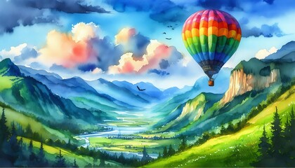 Colorful hot air balloon floating over lush valley and mountain landscape with vibrant clouds
